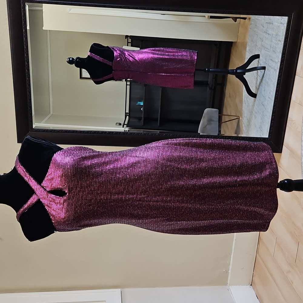 Size 12 hot pink fuschia on black shiny dot sequin Y-neck cocktail by Guess NWT